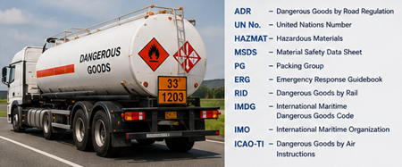 ADR truck carrying dangerous goods with hazard labels and UN numbers in Europe
