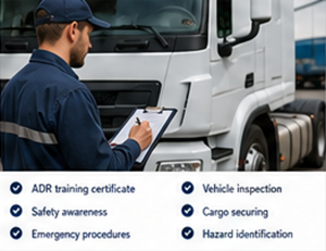 ADR certified driver inspecting dangerous goods transport vehicle in Europe