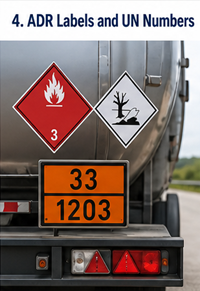 ADR labels orange plates and UN numbers on dangerous goods transport truck