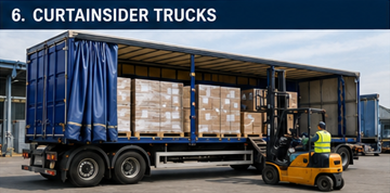 Curtainsider truck being loaded with pallets in European logistics center