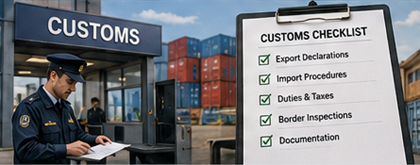 Customs officers checking international cargo and transport documents for import export operations