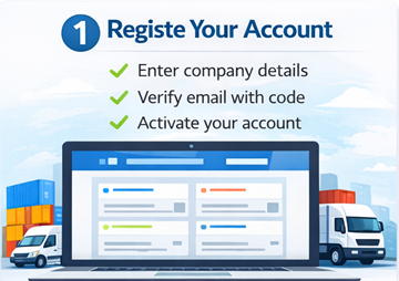 Register customer account on ExusTrans with company details and email verification