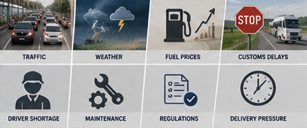 Freight transport challenges including traffic weather delays and logistics planning