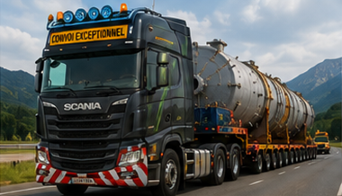 Heavy-duty tractor unit pulling oversized cargo trailer on highway
