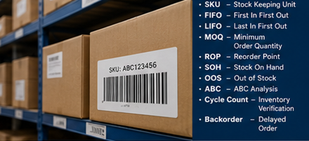 Warehouse inventory management with barcode labels storage shelves and logistics tracking systems