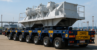 Multi axle heavy haul trailer carrying oversized industrial equipment