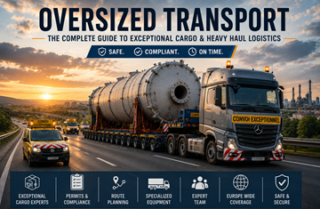 Oversized transport convoy carrying exceptional cargo on a European highway during sunset