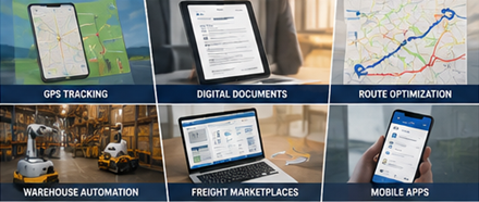 Modern freight transport technology with GPS tracking logistics software and digital delivery systems