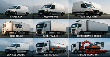 Different freight transport vehicles in Europe including vans trucks and semi trailers