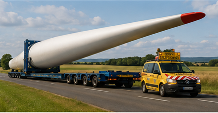 Wind turbine blades and renewable energy equipment transported by heavy haul trucks