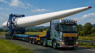 Specialized trailer transporting wind turbine blade across Europe